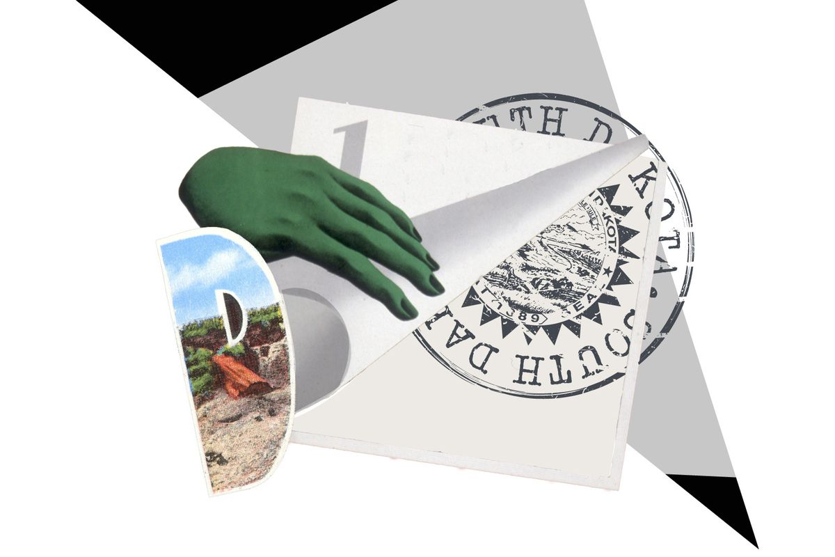 A collage showing a stamp of South Dakota, a piece of a South Dakota postcard, and a hand.