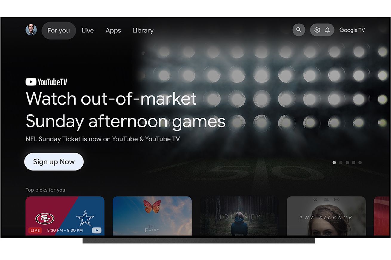 A screenshot of NFL Sunday Ticket promoted on the Google TV homescreen.