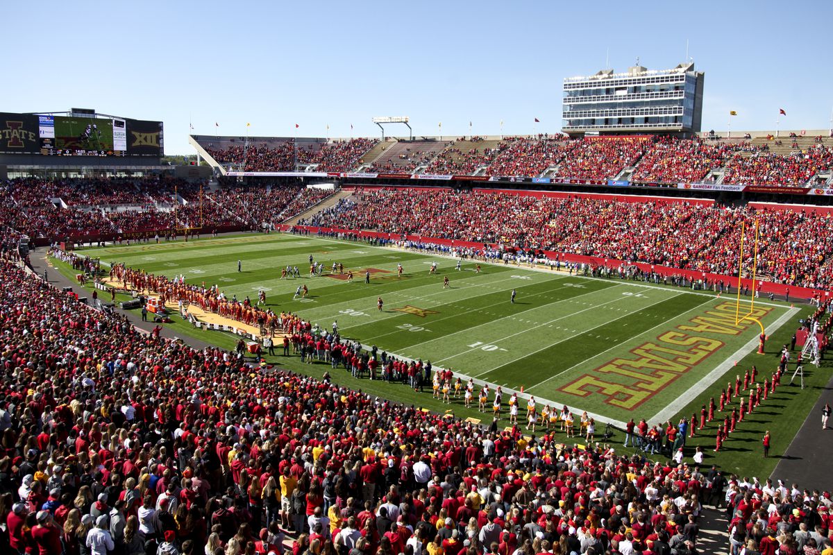 General view as fans watch the match-up between the Iowa State Cyclones and the Kansas Jayhawks on October 3, 2015 at Jack Trice Stadium, in Ames, Iowa.