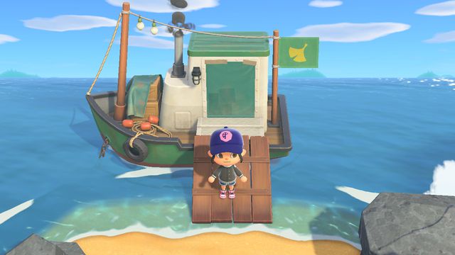 An Animal Crossing character stands on Redd’s boat