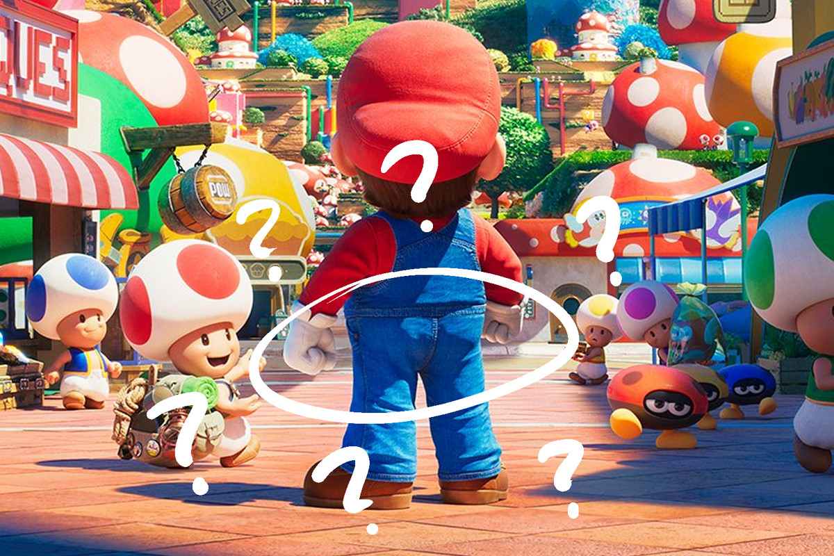 A teaser shot from the Mario feature film, with a circle and question marks drawn around his suspiciously small butt.
