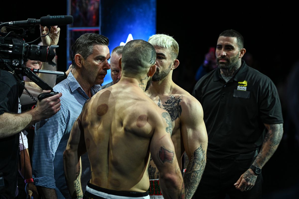 Mike Perry (right) and Julian Lane face off ahead of their fight at BKFC Knucklemania 2.
