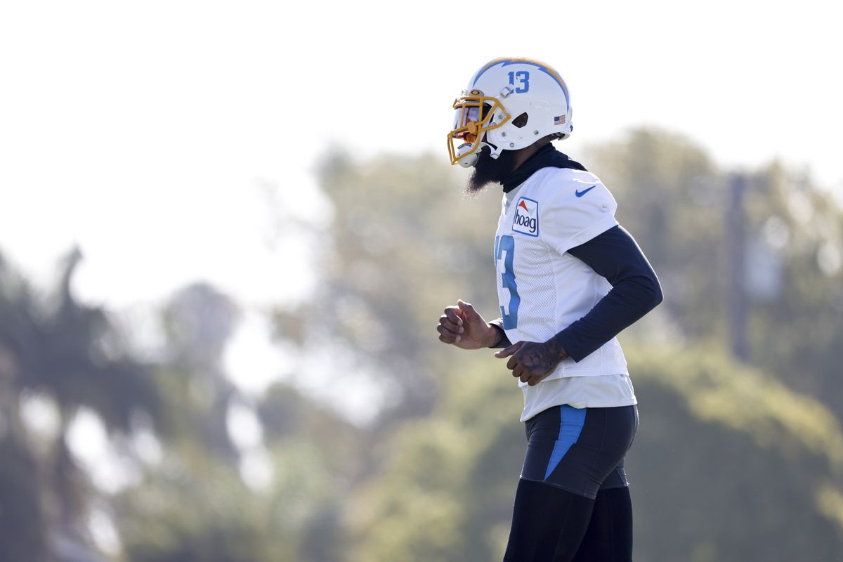 Keenan Allen #13 of the Los Angeles Chargers practices during Los Angeles Chargers Training Camp at Jack Hammett Sports Complex on July 29, 2021 in Costa Mesa, California.