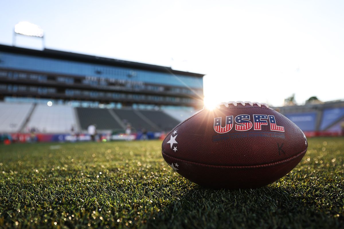 The USFL logo is seen on a football during warm ups before the game between the New Orleans Breakers and the Michigan Panthers at Protective Stadium on May 28, 2022 in Birmingham, Alabama.