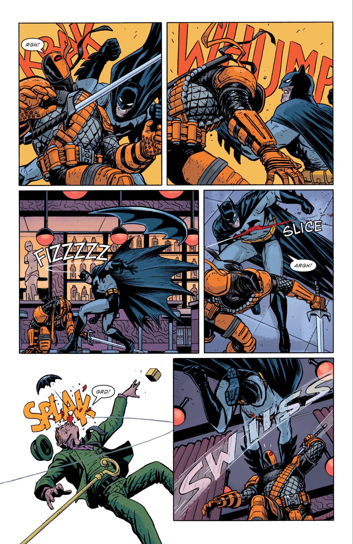 Batman and Deathstroke fight (the Riddler gets clocked) in Batman Universe #1, DC Comics (2019). 