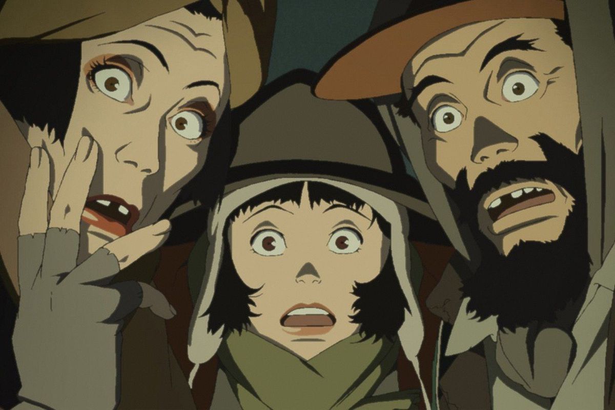Three homeless people, Gin, Hana, and Miyuki, gasp at something off screen