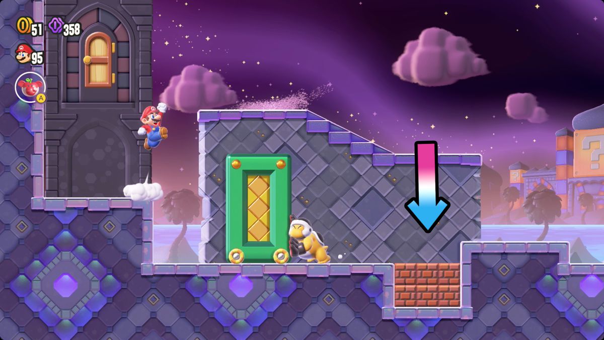 Super Mario Bros. Wonder Secrets of Shova Mansion screenshot showing the route to a Wonder Seed.