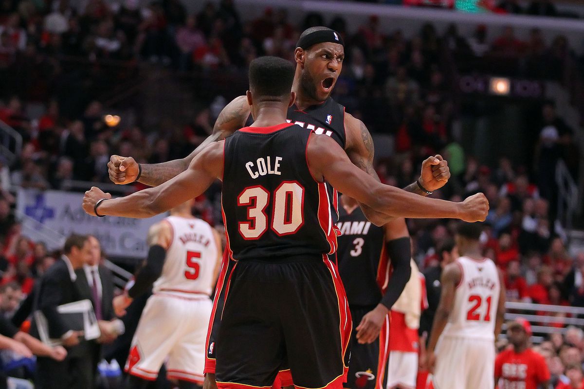 LeBron James and Norris Cole celebrate after making back-to-back 3s.