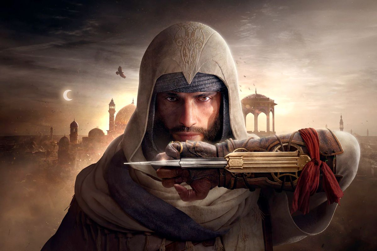 Basim, the assassin from Assassin’s Creed Mirage, holds out his wristblade in front of his face in artwork depicting city rooftops