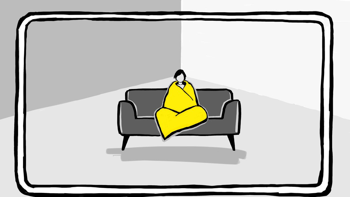 A drawing of a person wrapped in a blanket and siting on a couch.