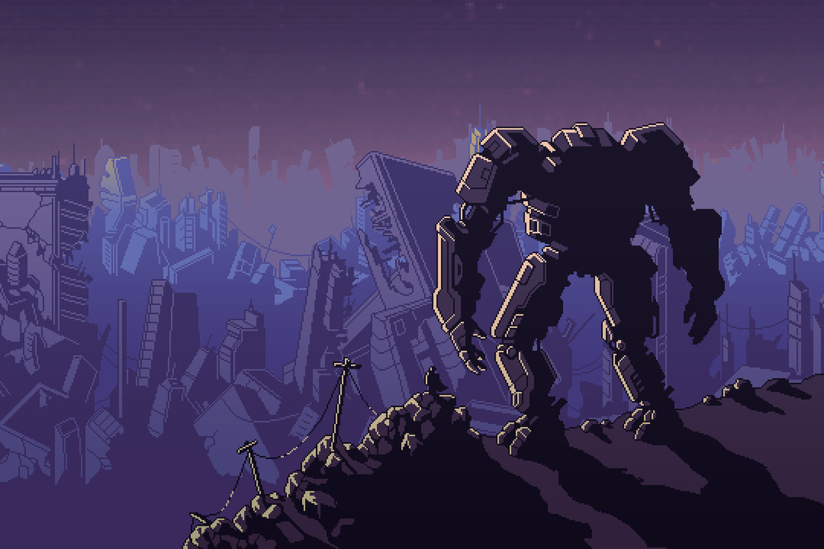 Into the Breach art - a mech and its pilot look over the wreckage of an Earth city before stepping back through the temporal breach to attempt to save it again