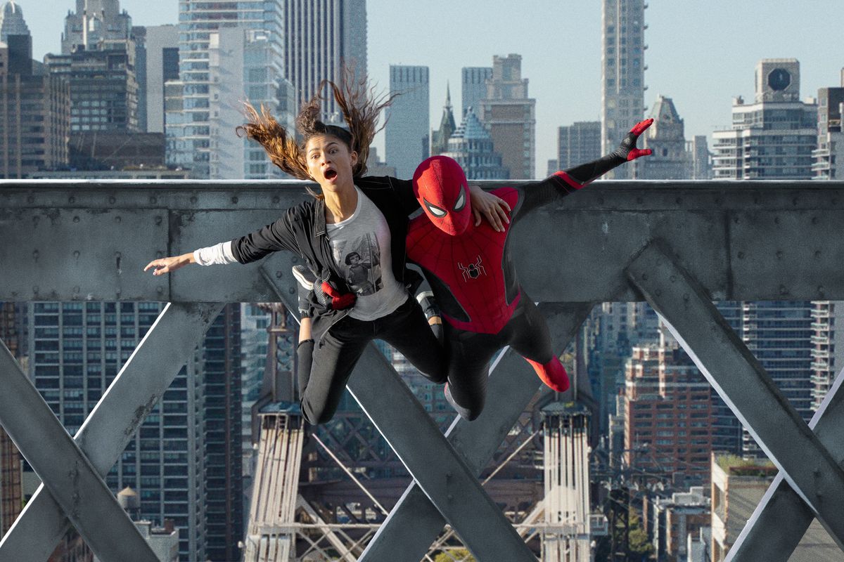 Spider-Man and MJ leap off a bridge together while MJ panics in Spider-Man: No Way Home