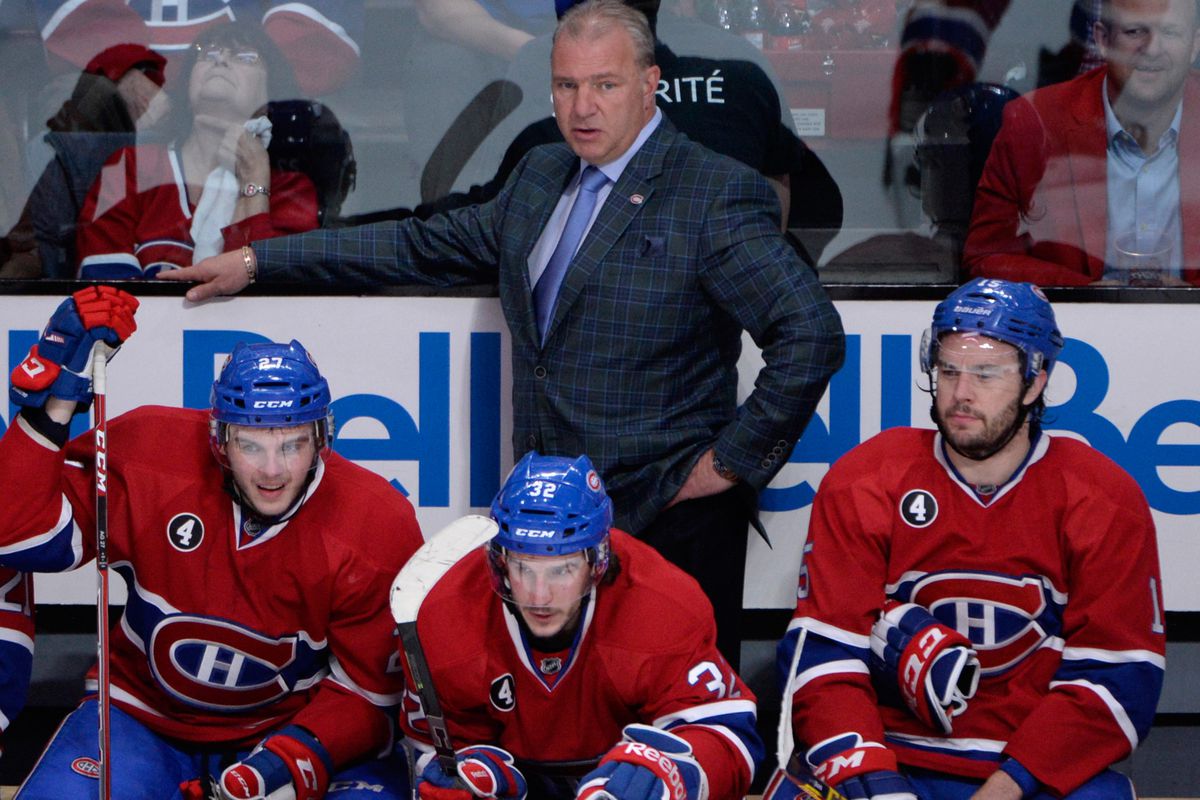 May 3, 2015; Montreal, Quebec, CAN; Montreal Canadiens head coach Michel Therrien behind the bench during the first period in game two of the second round of the 2015 Stanley Cup Playoffs against the Tampa Bay Lightning at the Bell Centre. Mandatory 