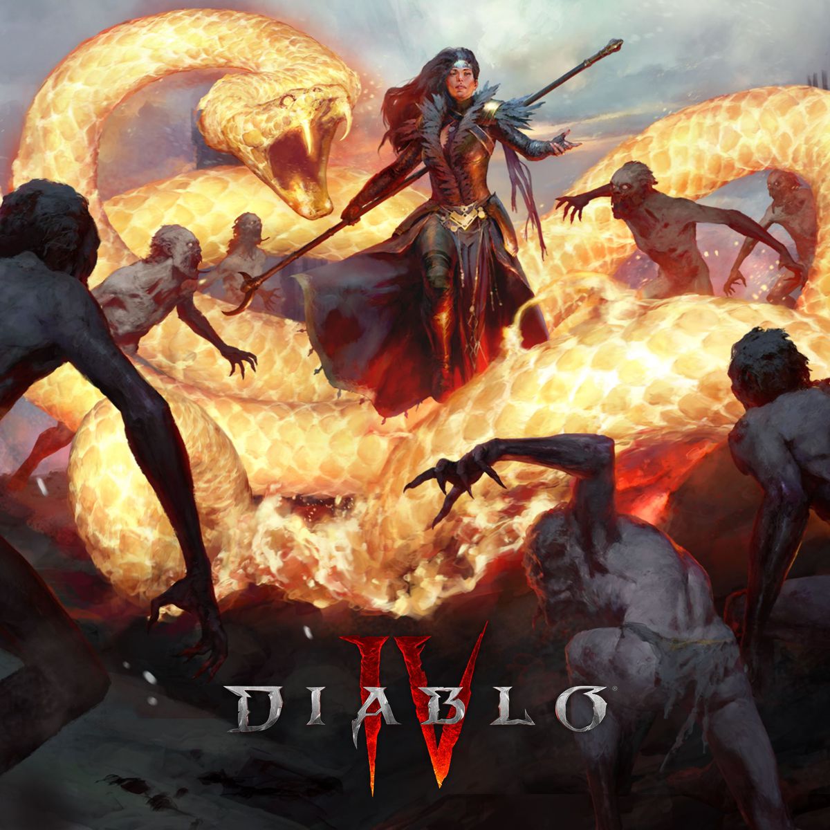 A painting of a Diablo 4 sorcerer summoning a huge fiery snake to consume enemies