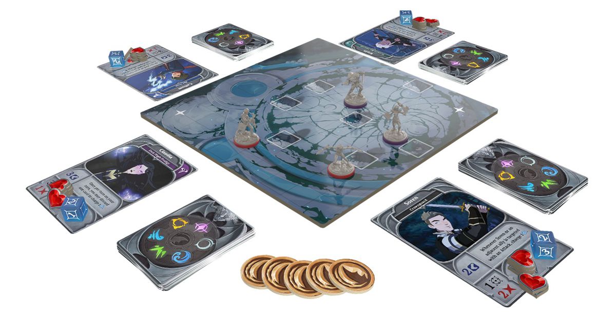 A typical setup for the Dragon Prince: Battlecharged game, with four characters on the game board, and their arrayed decks and character cards around them