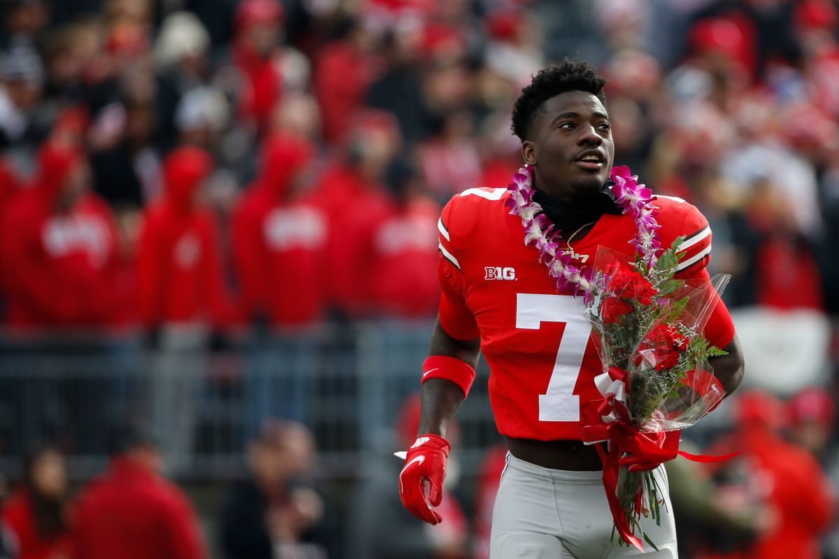 Ohio State Buckeyes cornerback Sevyn Banks looks to the stands as he runs onto the field following his Senior Day introduction before a NCAA Division I football game between the Ohio State Buckeyes and the Michigan State Spartans at Ohio Stadium.&nbsp;