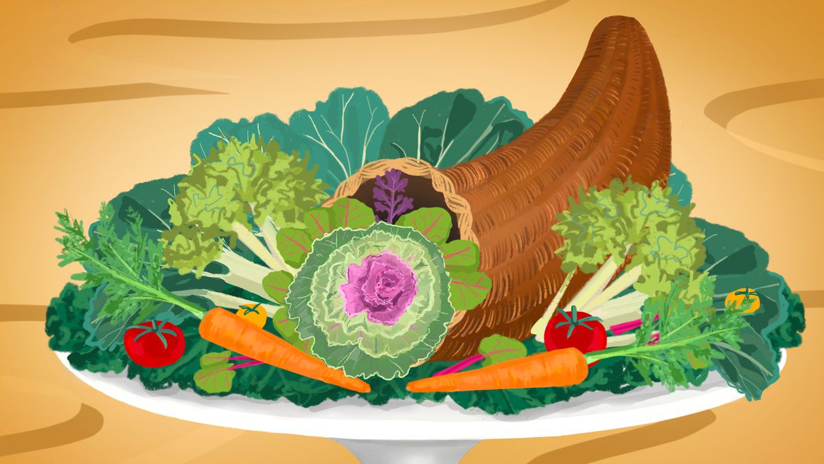 A basket cornucopia abundant with greens of all shapes and sizes; cabbage, kale, broccoli, and carrot greens spill out. Illustration.