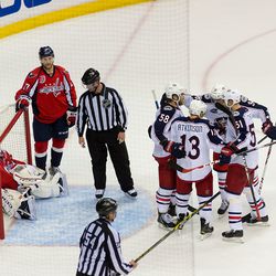 Holtby Sits in Net While Blue Jackets Celebrate