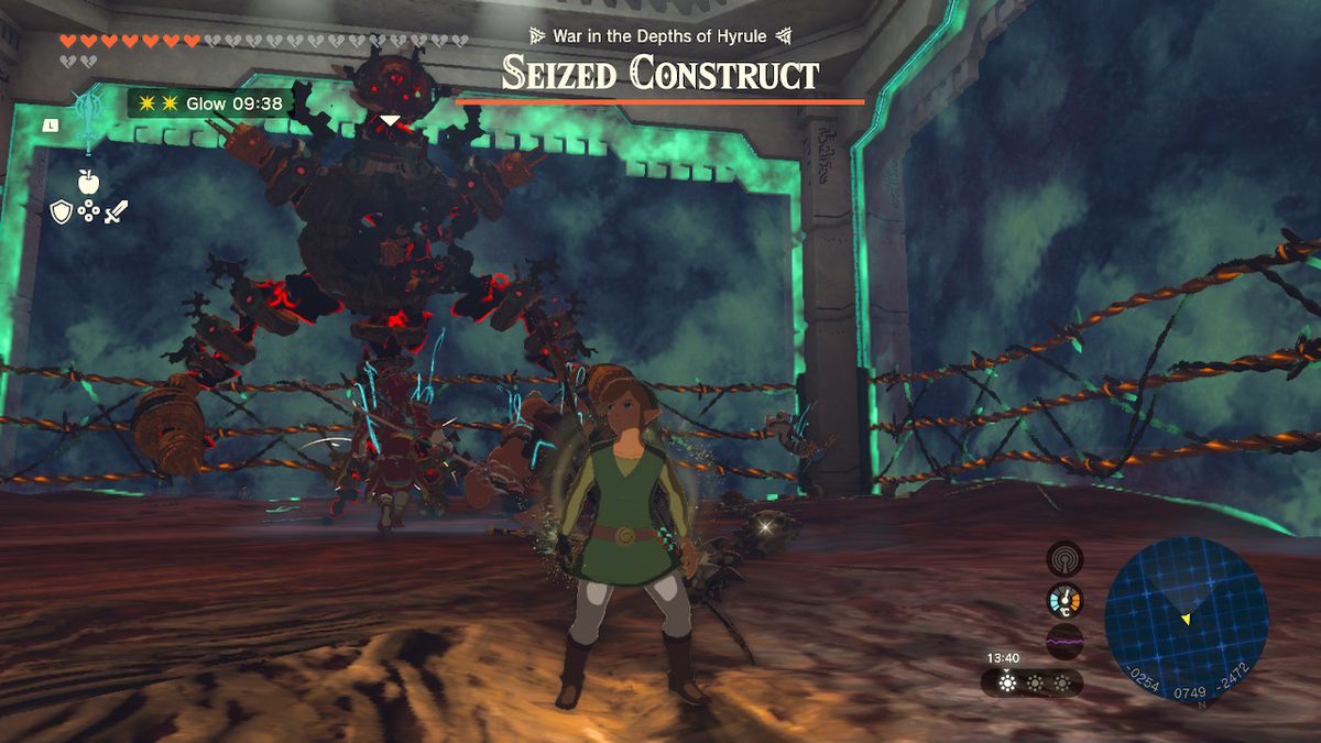 Link stands in front of a seized construct in Zelda Tears of the Kingdom.