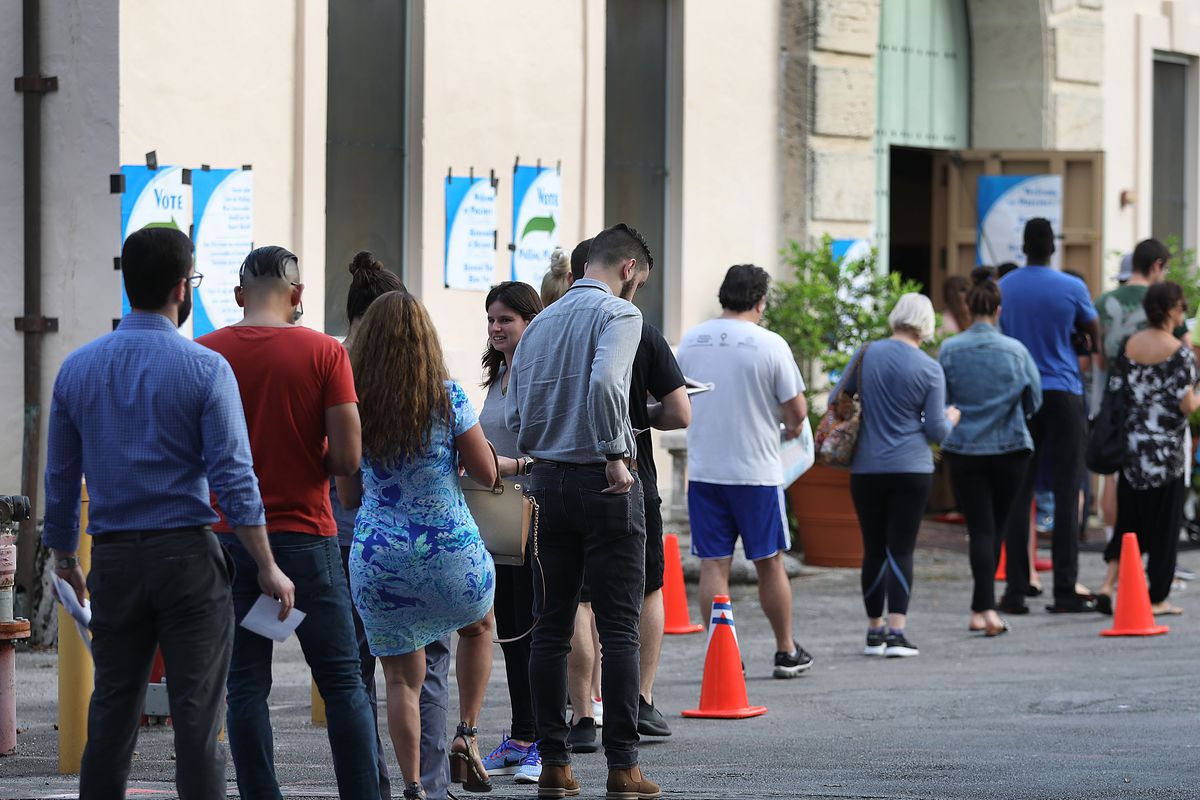 Voters line up to cast their ballot just before the polls open in the mid-term election on November 06, 2018 in Miami, United States.