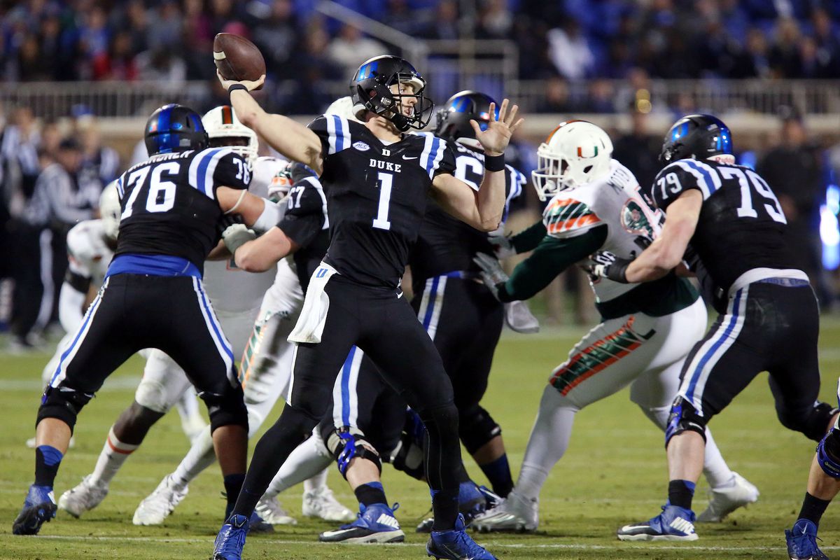 Oct 31, 2015; Durham, NC, USA; Duke Blue Devils quarterback Thomas Sirk (1) throws to a receiver in their game against the Miami Hurricanes at Wallace Wade Stadium.