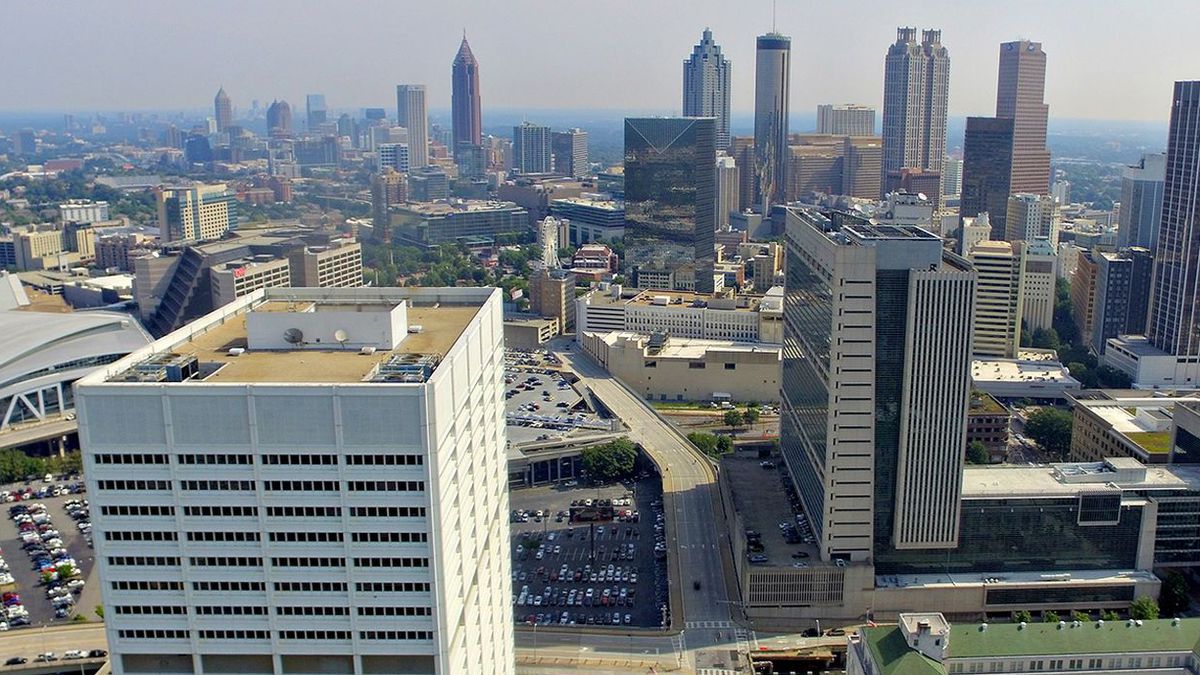 A broad drone view of Atlanta’s skyline.