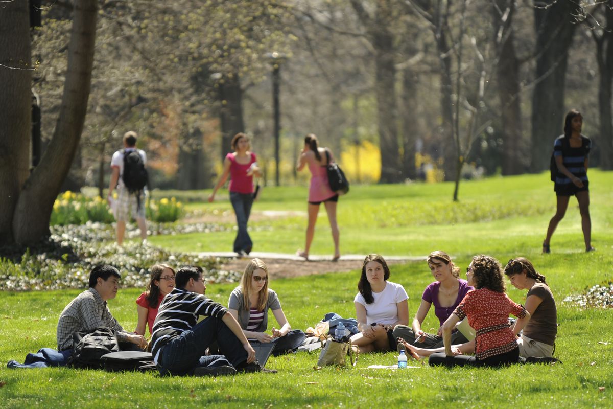 People sitting in a circle on a campus lawn on a sunny day.