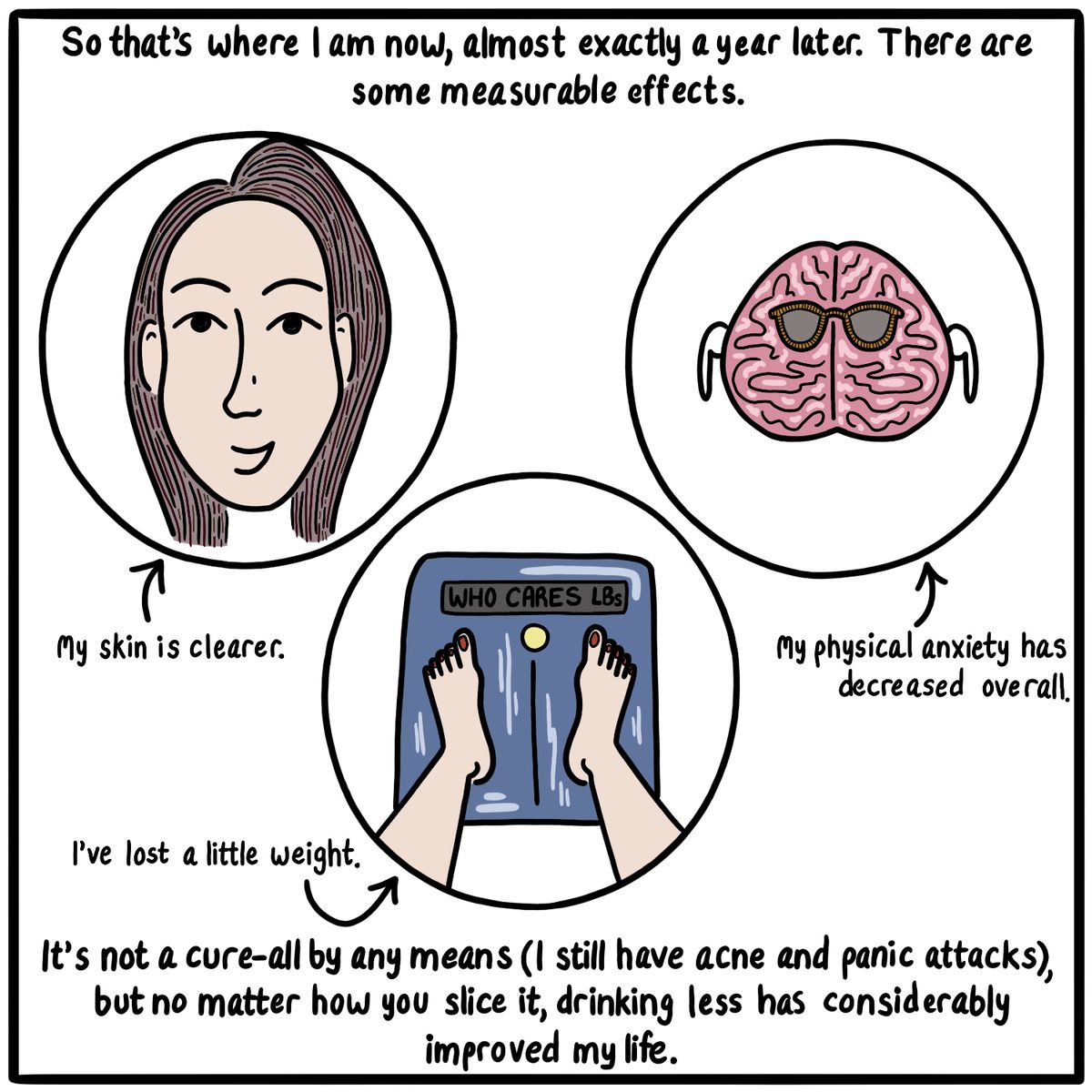 Image of woman’s face, a brain, and a scale. Caption reads “So that’s where I am now, almost exactly a year later. There are some measurable effects. My skin is clearer. My physical anxiety has decreased overall. I’ve lost a little weight. It’s not a cure-all by any means (I still have acne and panic attacks), but no matter how you slice it, drinking less has considerably improved my life.”