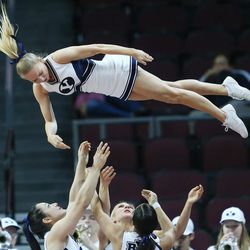 Brigham Young Cougars cheerleaders perform during the WCC tournament in Las Vegas Friday, March 4, 2016. BYU won 72-59. 
