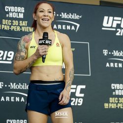 Cris Cyborg addresses the crowd at UFC 219 open workouts Thursday at T-Mobile Arena in Las Vegas.