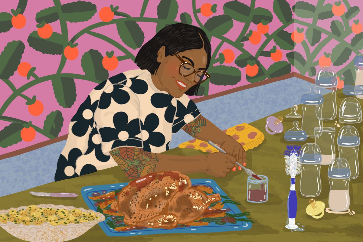 Sohla El-Waylly at her dinner table, surrounded by a roast chicken and empty baby bottles. Illustration.