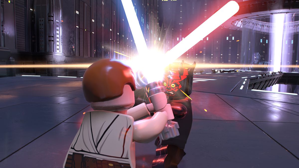 Two characters fight with lightsabers
