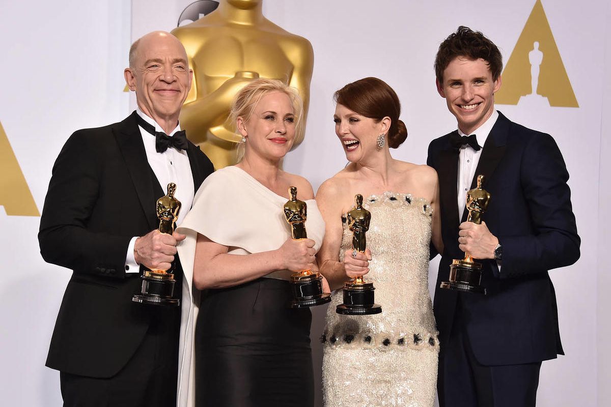 Best Supporting Actor winner J.K. Simmons, Best Supporting Actress winner Patricia Arquette, Best Actress winner Julianne Moore and Best Actor winner Eddie Redmayne pose in the press room at the 87th Academy Awards on Feb. 22, 2015 at the Dolby Theatre in