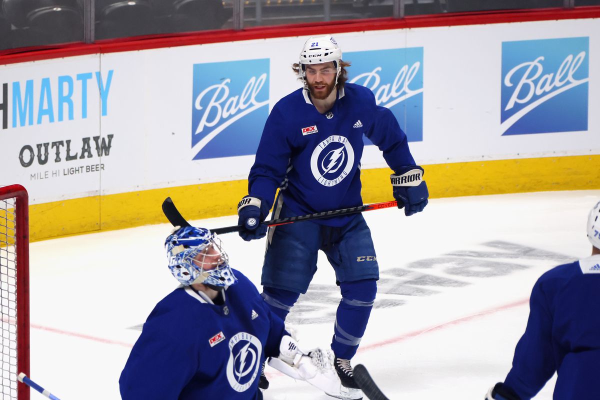 Brayden Point #21 of the Tampa Bay Lightning skates during practice during the 2022 NHL Stanley Cup Final Media Day at Ball Arena on June 14, 2022 in Denver, Colorado.