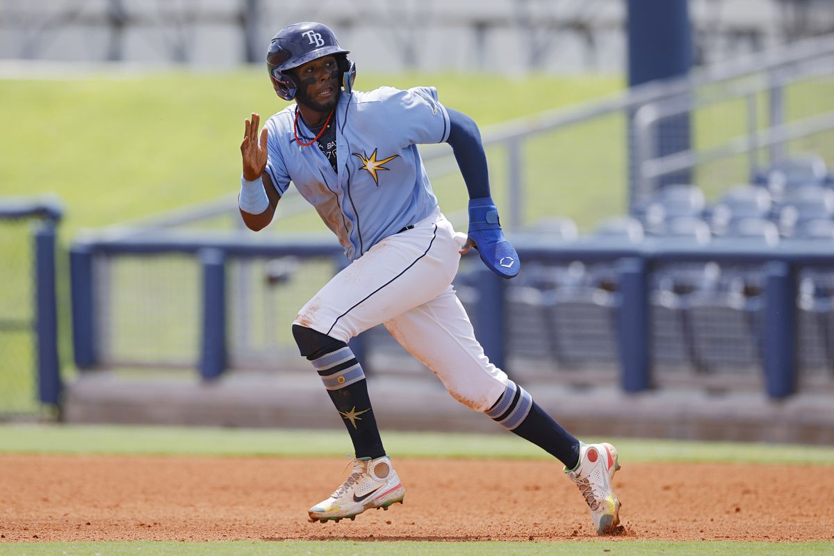 FCL Tampa Bay Rays third baseman Junior Caminero runs the bases during a Florida Complex League game against the FCL Baltimore Orioles on August 8, 2022 at Charlotte Sports Park in Port Charlotte, Florida.