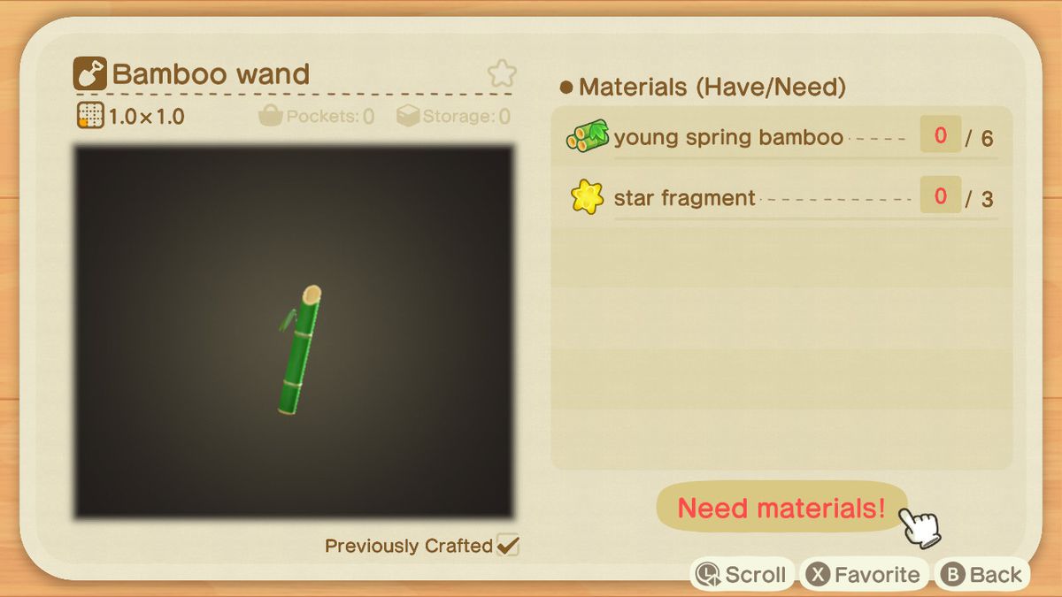 An Animal Crossing crafting screen for a Bamboo Wand
