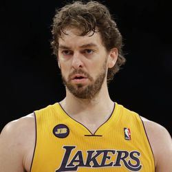 Los Angeles Lakers' Pau Gasol, of Spain, during the first half of an NBA basketball game against the Houston Rockets in Los Angeles, Wednesday, April 17, 2013. (AP Photo/Jae C. Hong)