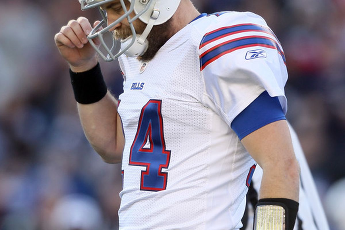 FOXBORO, MA - JANUARY 01:  Ryan Fitzpatrick #14 of the Buffalo Bills walks off the field in the second half against the New England Patriots on January 1, 2012 at Gillette Stadium in Foxboro, Massachusetts.  (Photo by Elsa/Getty Images)