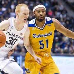 Brigham Young guard TJ Haws (30) drives to the hoop against Cal State Bakersfield guard Justin Pride (51) during an NCAA college basketball game in Provo on Thursday, Dec. 22, 2016. Brigham Young held off Cal State Bakersfield for the win with a final score of 81-71.