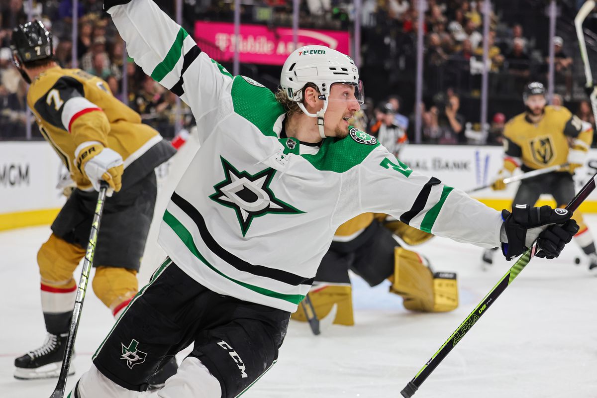 Roope Hintz #24 of the Dallas Stars celebrates his third-period goal against the Vegas Golden Knights in Game One of the Western Conference Final of the 2023 Stanley Cup Playoffs at T-Mobile Arena on May 19, 2023 in Las Vegas, Nevada. The Golden Knights defeated the Stars 4-3 in overtime.