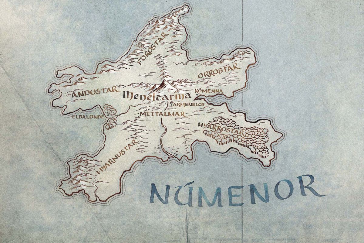 A map of the island of Númenor from The Lord of the Rings: The Rings of Power. It’s a star-shaped, mountainous region with a tall peak at the center. 