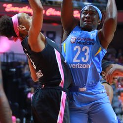 The Chicago Sky take on the Connecticut Sun in a WNBA game at Mohegan Sun Arena in Uncasville, CT on August 12, 2018.