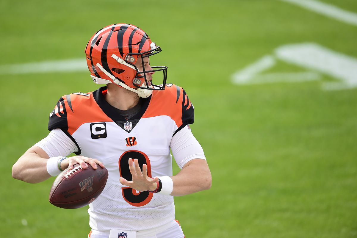 Joe Burrow #9 of the Cincinnati Bengals warms up before a game against the Washington Football Team at FedExField on November 22, 2020 in Landover, Maryland.
