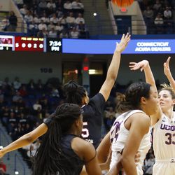 The South Carolina Gamecocks take on the UConn Huskies in a women’s college basketball game at the XL Center in Hartford, CT on February 11, 2019.