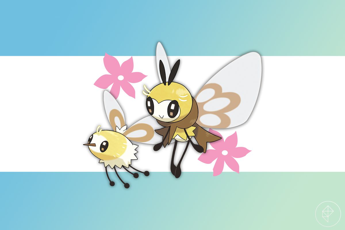 Ribombee and Cutiefly from Pokémon on a blue and green gradient background with some pink flowers
