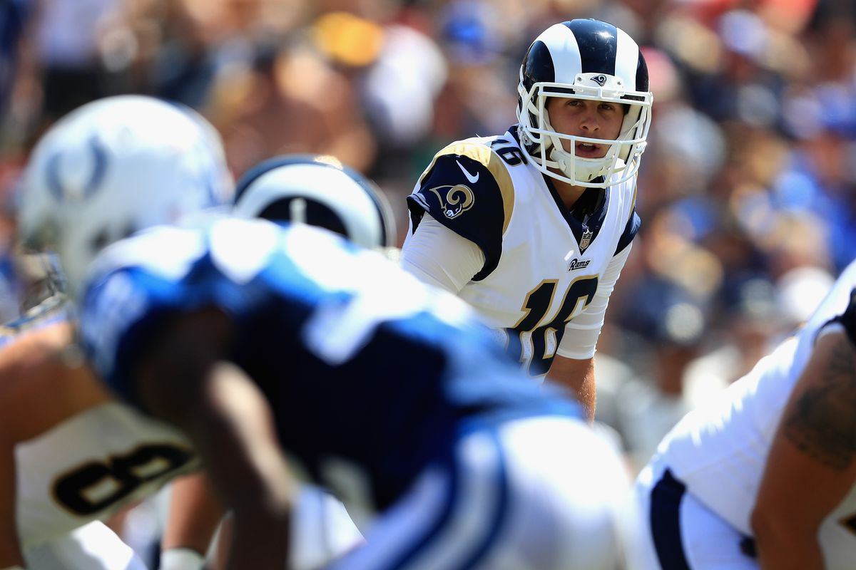 Los Angeles Rams QB Jared Goff at the line of scrimmage against the Indianapolis Colts, Sep. 10, 2017.