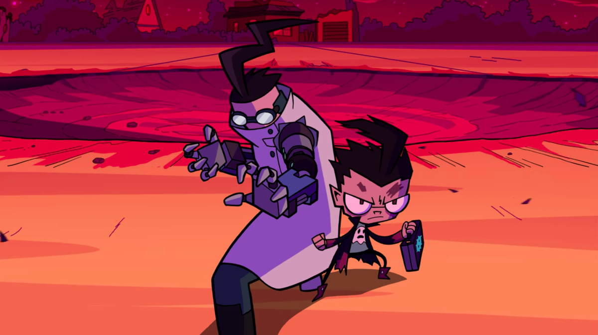 A battered and burned Professor Membrane and Dib stand back to back in front of a crater. Membrane’s gloves are off and Dib is holding his briefcase — they’re ready to fight.
