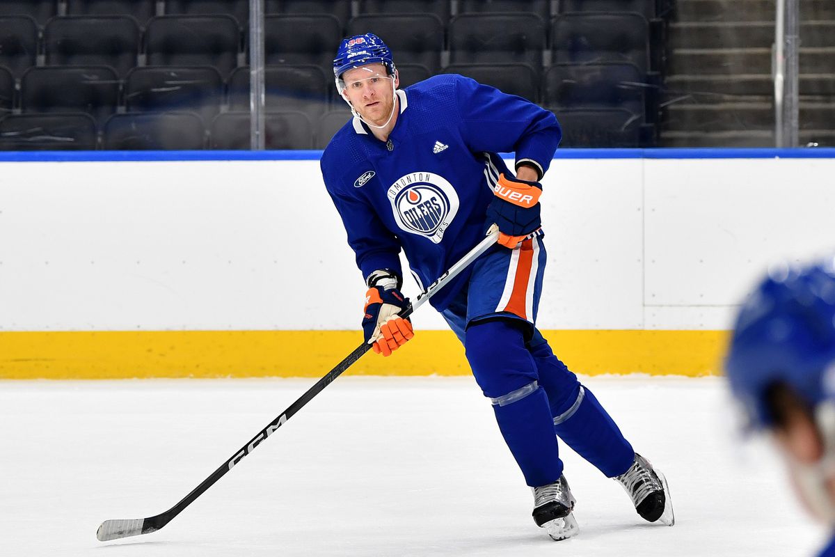 Corey Perry #90 of the Edmonton Oilers practices for the first time with his new team at Rogers Place on January 22, 2024, in Edmonton, Alberta, Canada.