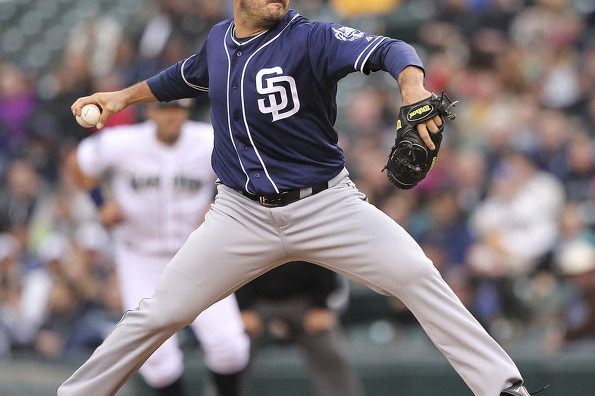 SEATTLE, WA - JUNE 13:  Starting pitcher Jason Marquis #38 of the San Diego Padres pitches against the Seattle Mariners at Safeco Field on June 13, 2012 in Seattle, Washington. (Photo by Otto Greule Jr/Getty Images)