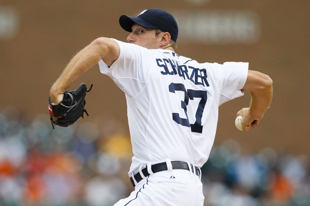 July 19, 2012; Detroit, MI, USA; Detroit Tigers starting pitcher Max Scherzer (37) pitches during the first inning against the Los Angeles Angels at Comerica Park. Mandatory Credit: Rick Osentoski-US PRESSWIRE